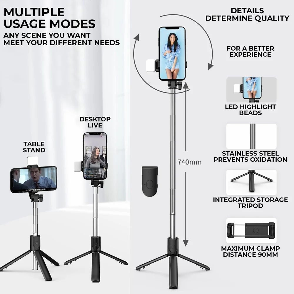 R1s Bluetooth Selfie Stick Tripod | With Remote & LED Light | Portable Phone Holder