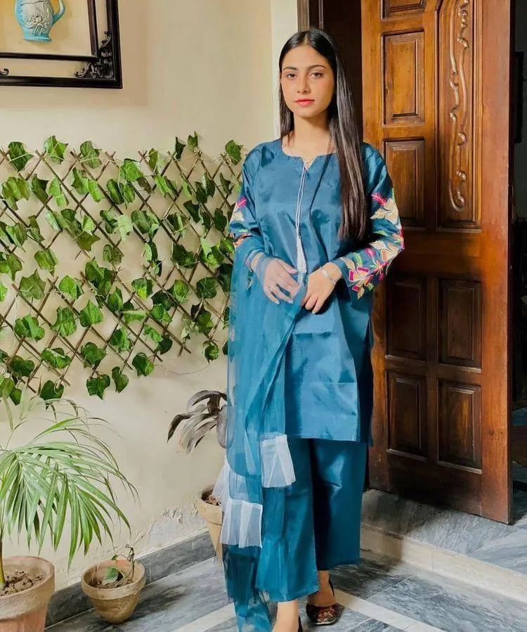 3 Pcs Women's Stitched Katan Silk Embroidered Suit